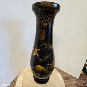 Vintage Japanese-style Hand-painted Lacquered Flying Cranes Vase
